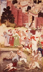 Die Reinigung des Kukur Talaoa bei Nagor, aus dem Akbarnama, Mughal, 1590-95